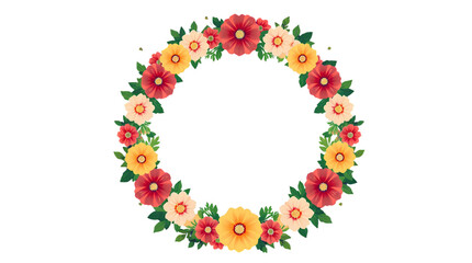 vibrant floral wreath with red and yellow flowers on a white background