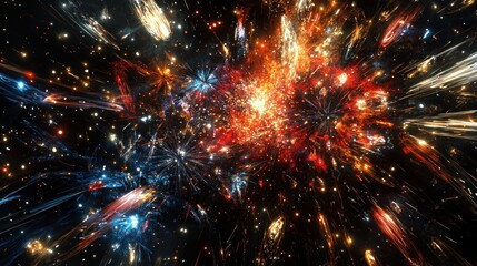 Fototapeta premium Abstract fiery explosion with vibrant colors and light streaks in dark space.