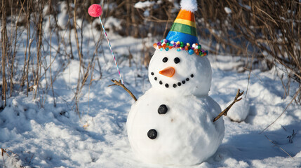 Obraz premium cheerful snowman wearing colorful birthday hat stands in snowy landscape, bringing joy to winter scene. Its playful expression and vibrant accessories create festive atmosphere