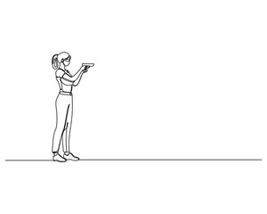 One line drawing of a woman aiming a pistol. Continuous line art of female shooter with handgun. Minimalist vector for self-defense, sport shooting, or security concepts.