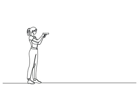 woman aiming gun, black line art clip art preview