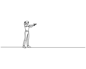 Continuous line drawing of a woman wearing eye protection and aiming a pistol. Minimalist vector for safe shooting practices.