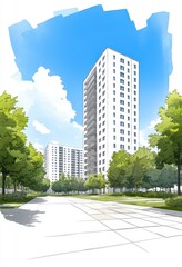 Modern Apartment Building Complex with Lush Green Landscaping