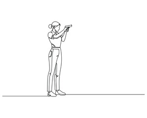 Continuous line drawing of a woman aiming a handgun. Minimalist vector illustration of female shooter. Single line art for sport shooting, self-defense, or training.