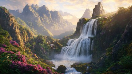 Majestic waterfall cascading down rocky mountains, lush greenery, vibrant flowers, sunrise.