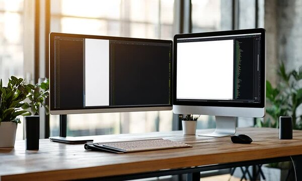 Modern workspace with two computer monitors displaying code and a blank screen.