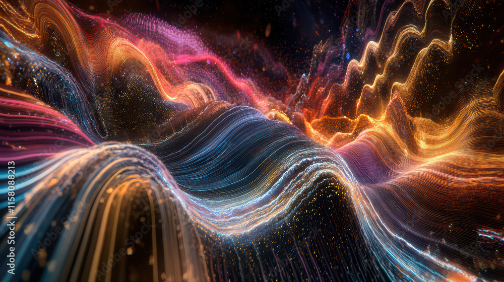 Poster dynamic space scene with colorful waves of light creating mesmerizing visual experience. vibrant col