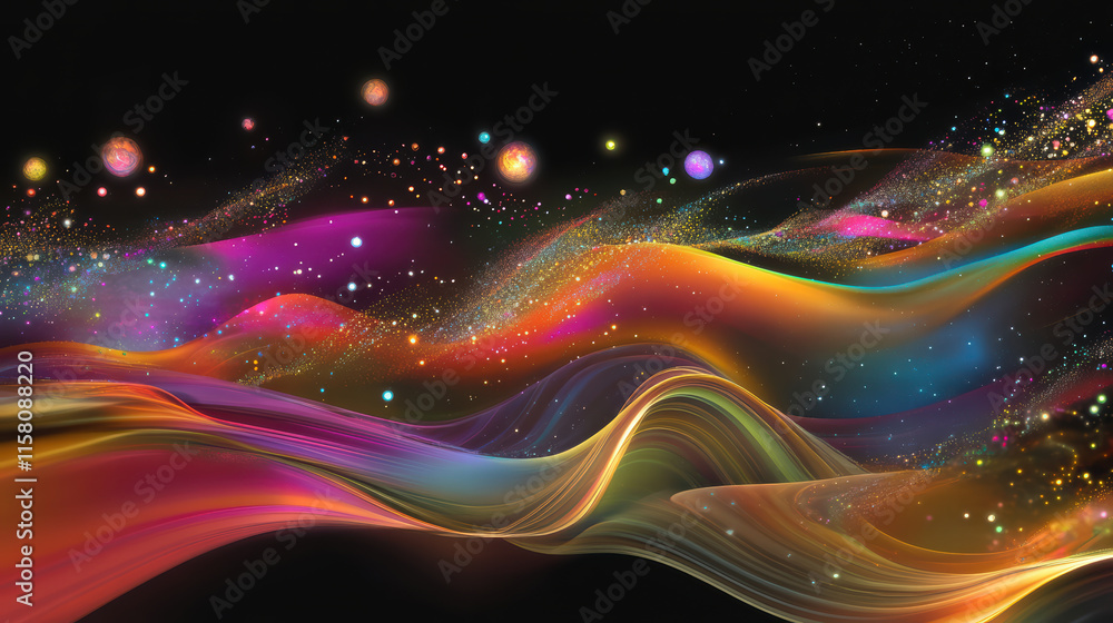 Poster dynamic space scene with colorful waves of light and stars, creating vibrant and mesmerizing atmosph