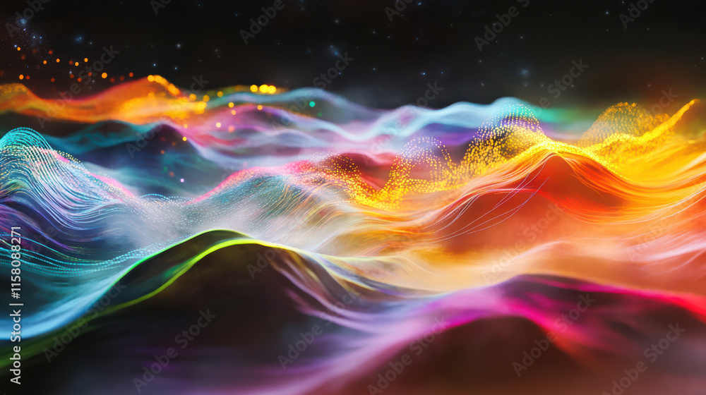 Poster dynamic space scene with colorful waves of light creating vibrant atmosphere. flowing patterns evoke