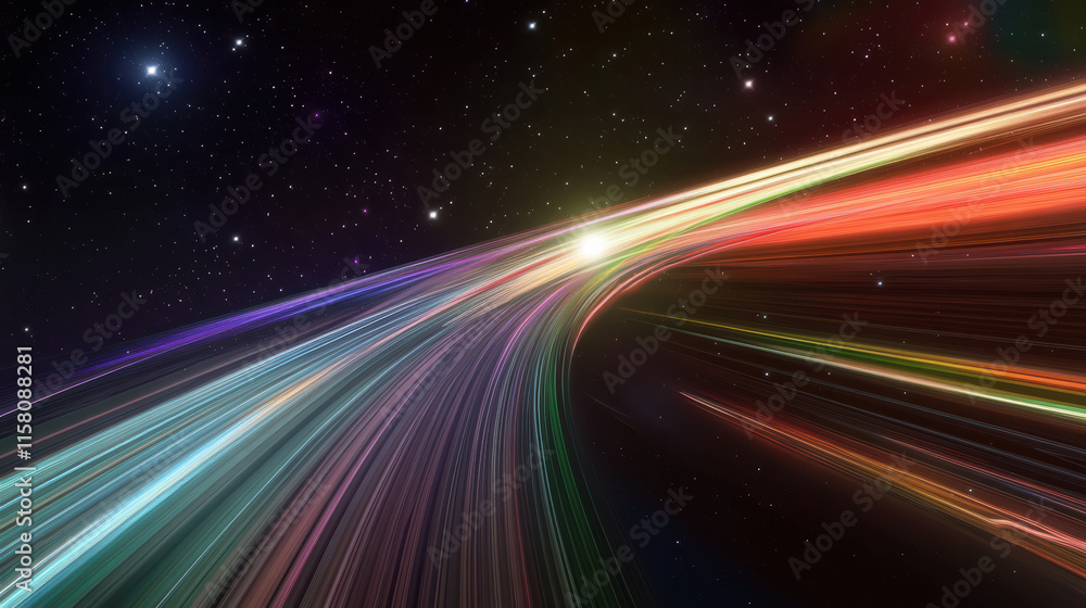 Poster dynamic space scene with colorful waves of light and stars, creating sense of motion and depth. vibr
