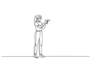 Continuous line drawing of a woman aiming a pistol. Minimalist vector illustration of a female shooter holding a handgun. Single line art for shooting practice, self-defense, or sport.