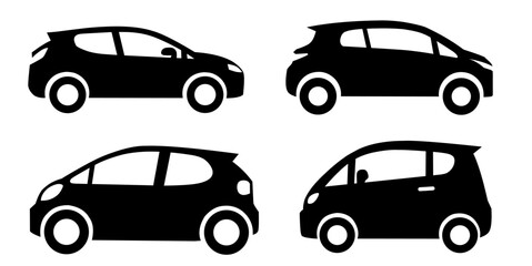 Four black silhouettes of modern compact cars, viewed from the side, isolated on a white background.