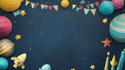 fun space themed birthday party with colorful planets, stars, and decorations creates festive atmosphere. Perfect for celebrating child special day