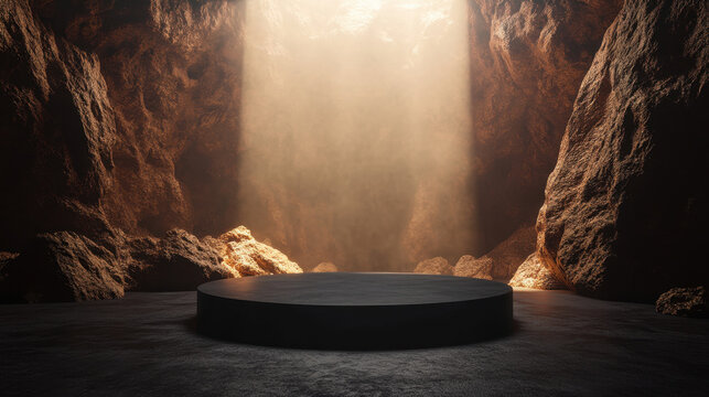 black circular podium stands in center of dimly lit cave, surrounded by rugged rocks. Soft light beams illuminate space, creating dramatic atmosphere