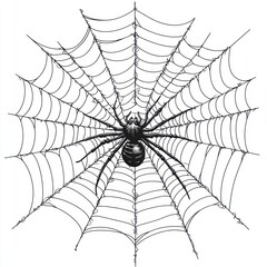 Fototapeta premium Spider in its web, black and white illustration.