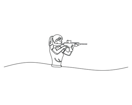 recommend clip art: Continuous line drawing of a woman aiming a rifle. Minimalist vector illustration of a female shooter. Single line art for sport shooting, hunting, or target practice.