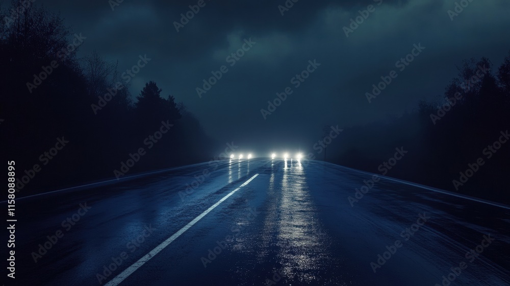 Aufkleber night road illuminated by bright streaks of car lights creating a dynamic atmosphere with ample spac