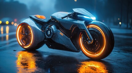 Futuristic electric motorcycle on wet city street at night.