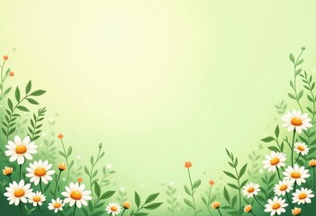 Hyper-Detailed Floral Illustration with Daisies and Colorful Leaves, Sharp Lines on a Light Green Background, Ideal for Home Decor
