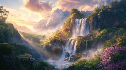 Fototapeta premium Majestic waterfall cascading down mountainside at sunset.