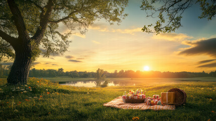 serene landscape featuring sunset over tranquil lake, with picnic setup on grassy area. scene evokes peaceful and joyful atmosphere, perfect for gatherings
