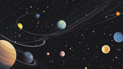 stunning cosmic vista featuring colorful planets in starry background, showcasing beauty of universe with swirling orbits and vibrant celestial bodies