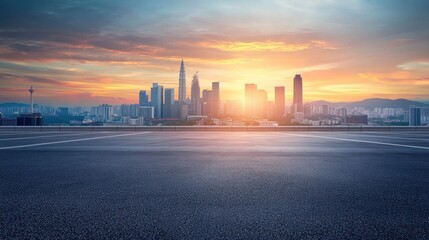 Obraz premium Cityscape at sunset, viewed from empty road.