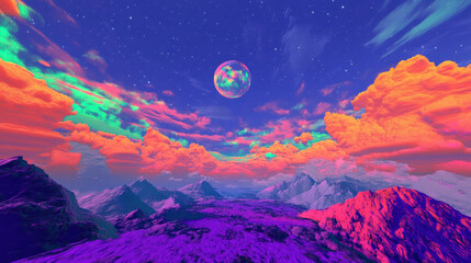 vibrant cosmic horizon where colorful clouds meet surreal landscape, featuring large moon illuminating scene. sky is filled with vivid hues of pink, purple, and blue