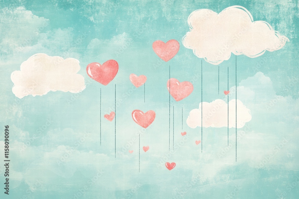 Poster whimsical hand drawn valentines day design featuring hearts and clouds with ample space for text. ge