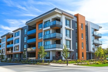 Modern apartment building with balconies, landscaping, and street view under a blue sky.