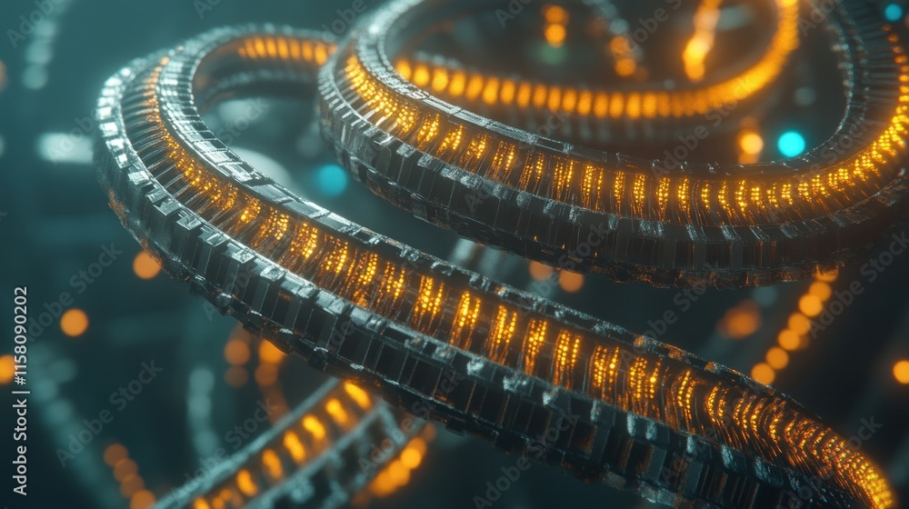 Poster abstract futuristic technology: glowing circuits and spiraling networks