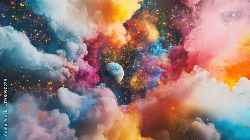 Poster vibrant universe with colorful clouds and planet in motion, creating mesmerizing cosmic scene filled
