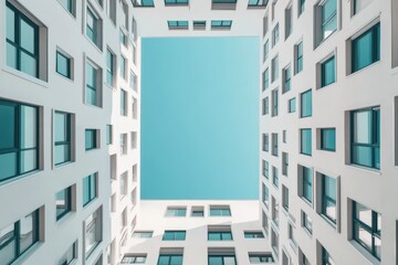 Low angle view of a modern building's courtyard with many windows and a clear blue sky.