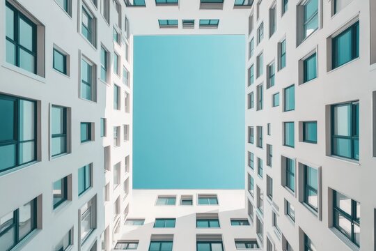 Low angle view of a modern building's courtyard with many windows and a clear blue sky. - Powered by Adobe
