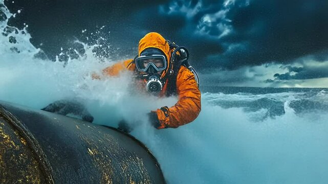 A male diver, dressed in a bright orange suit, struggles against towering waves and stormy skies. His focus is intense as he clings to a submerged object, showcasing resilience and determination in