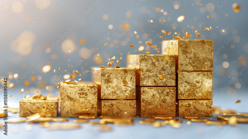 Poster stacked golden cubes with shimmering fragments..