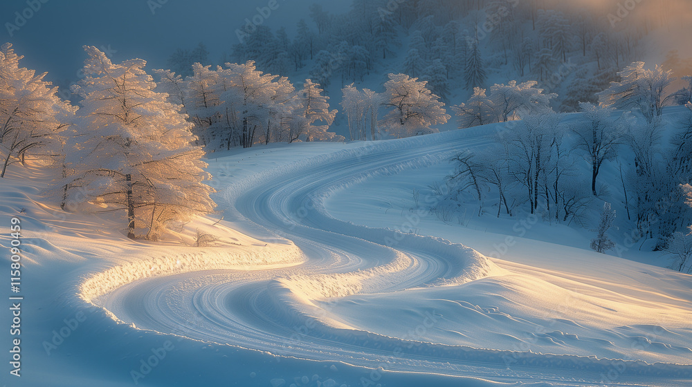 Poster snowy winding path through frosted trees at sunrise..