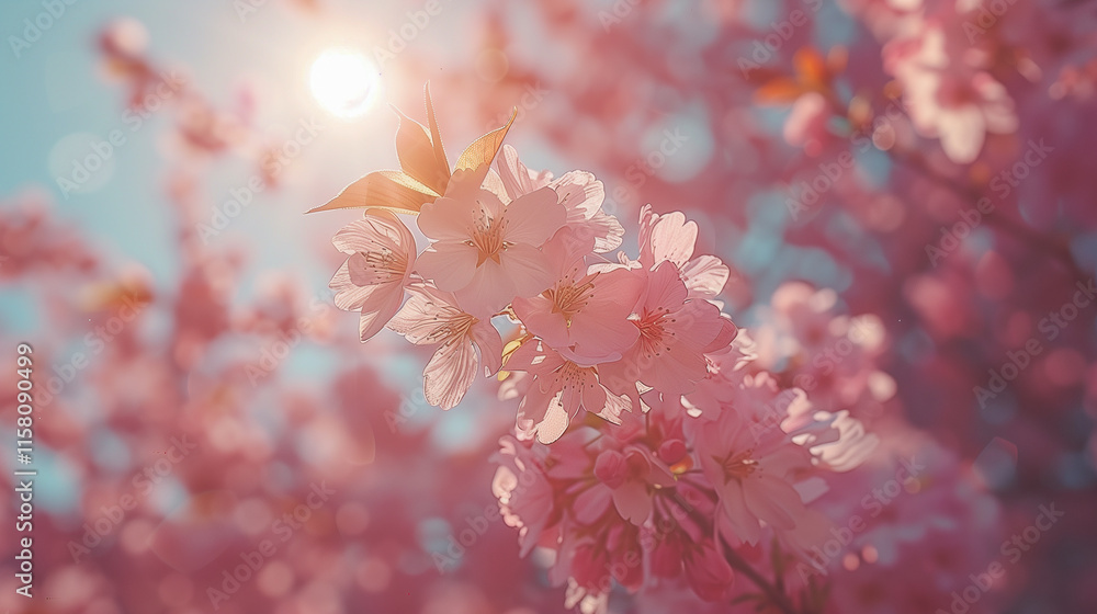 Poster Cherry Blossoms in Sunlight with Soft Bokeh..