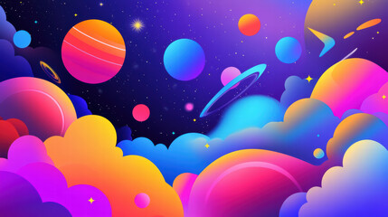 vibrant universe with colorful planets in motion, surrounded by fluffy clouds and twinkling stars, creating whimsical cosmic scene