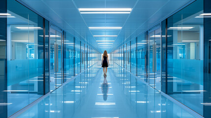Futuristic Glass Corridor with Reflective Blue Design..