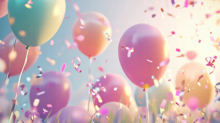 Whimsical balloons in pastel colors float amidst colorful confetti, creating festive atmosphere perfect for celebrations and joyful occasions