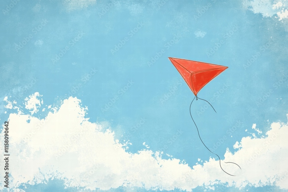Poster Bright red kite soaring in a blue sky with soft clouds and plenty of space for creative text placement. Generative AI