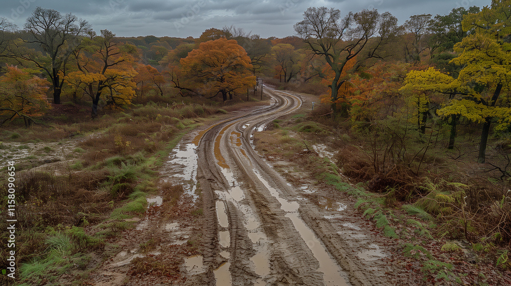 Poster Muddy Path Through Autumn Forest with Colorful Trees..