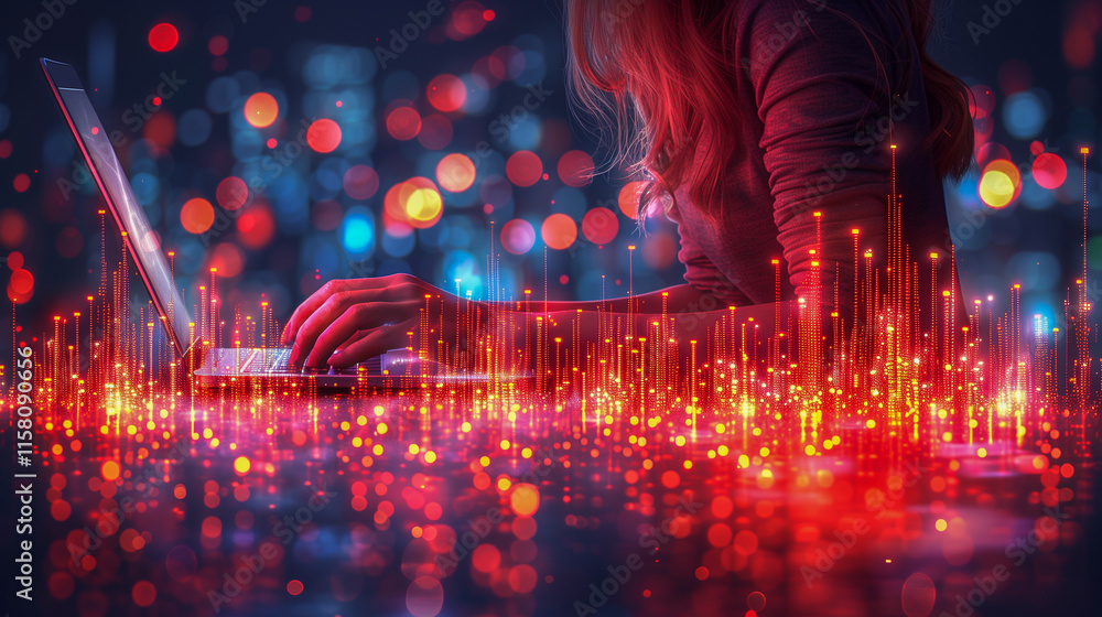 Poster woman typing on laptop with digital data visualizations..