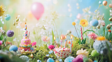 whimsical fairy garden features vibrant birthday celebration with colorful cakes, candles, and festive decorations surrounded by flowers and balloons, creating joyful atmosphere