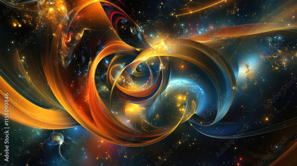 Poster abstract representation of deep space with flowing colors and cosmic elements, showcasing vibrant sw