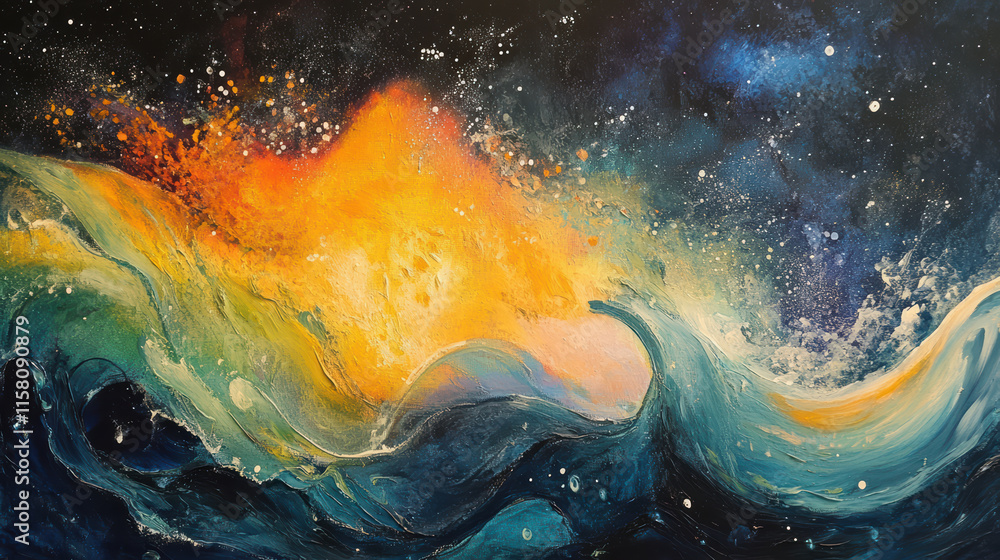 Poster vibrant abstract cosmic scene featuring flowing colors and shapes, blending fiery oranges and deep b
