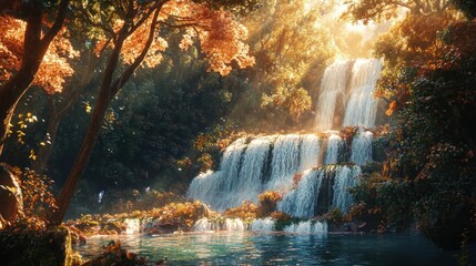 Sunlit autumn waterfall cascading into a tranquil pool, surrounded by vibrant foliage.