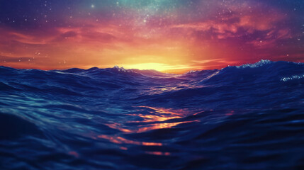 Fototapeta premium stunning view of ocean waves reflecting vibrant colors of cosmic sunset, creating serene and captivating atmosphere. interplay of light and water evokes sense of tranquility and wonder