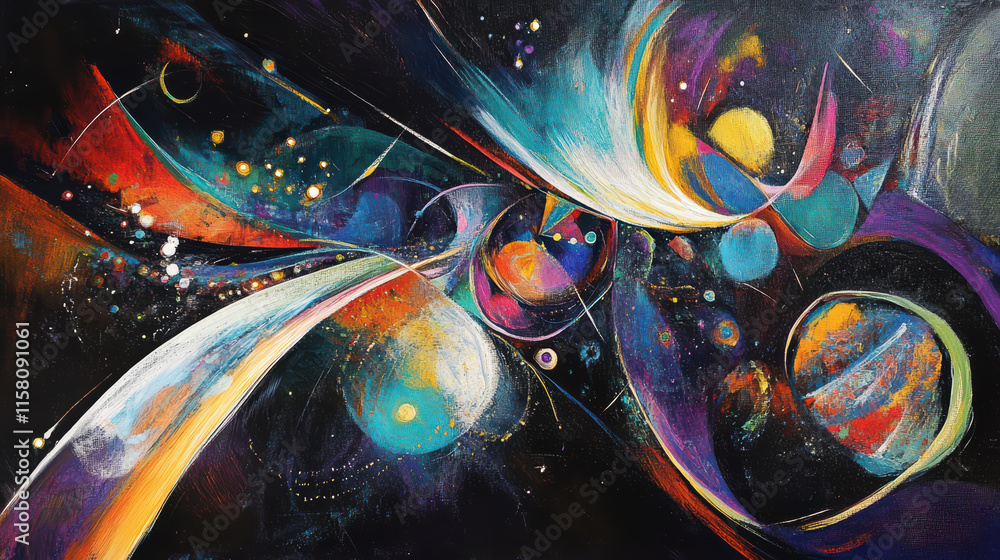 Poster abstract representation of deep space with vibrant colors and swirling patterns, showcasing celestia